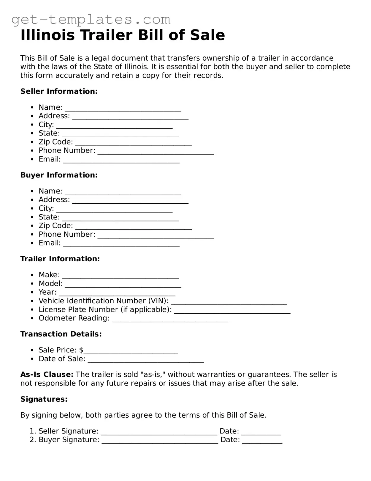 Attorney-Approved  Trailer Bill of Sale Document for Illinois