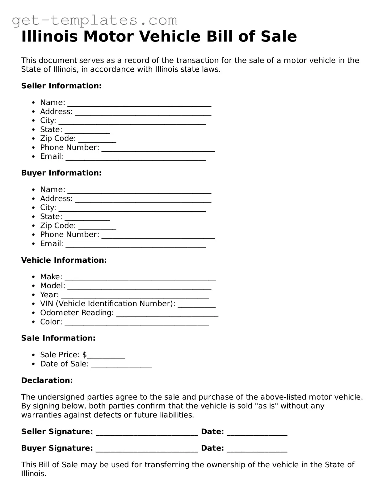 Attorney-Approved  Motor Vehicle Bill of Sale Document for Illinois