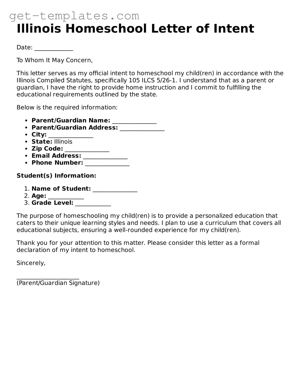 Attorney-Approved  Homeschool Letter of Intent Document for Illinois
