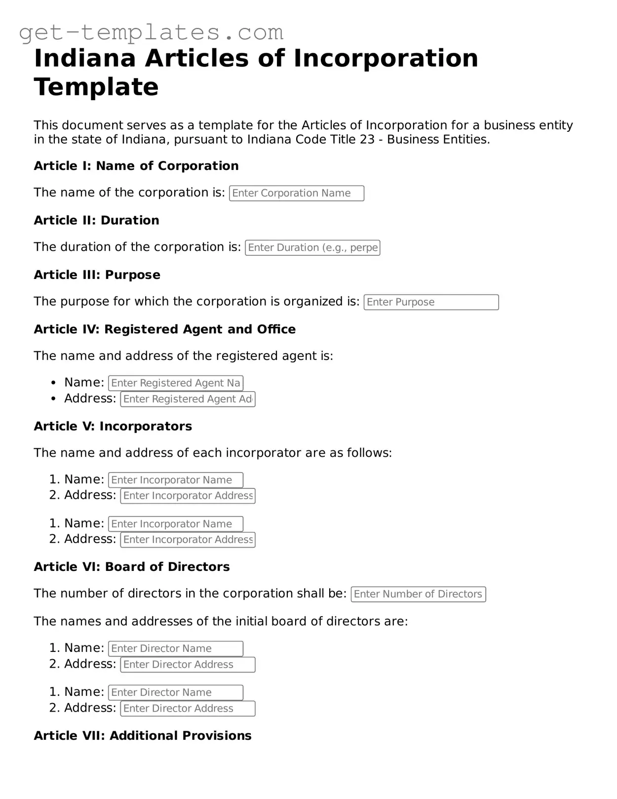 Attorney-Approved Articles of Incorporation Document for Indiana