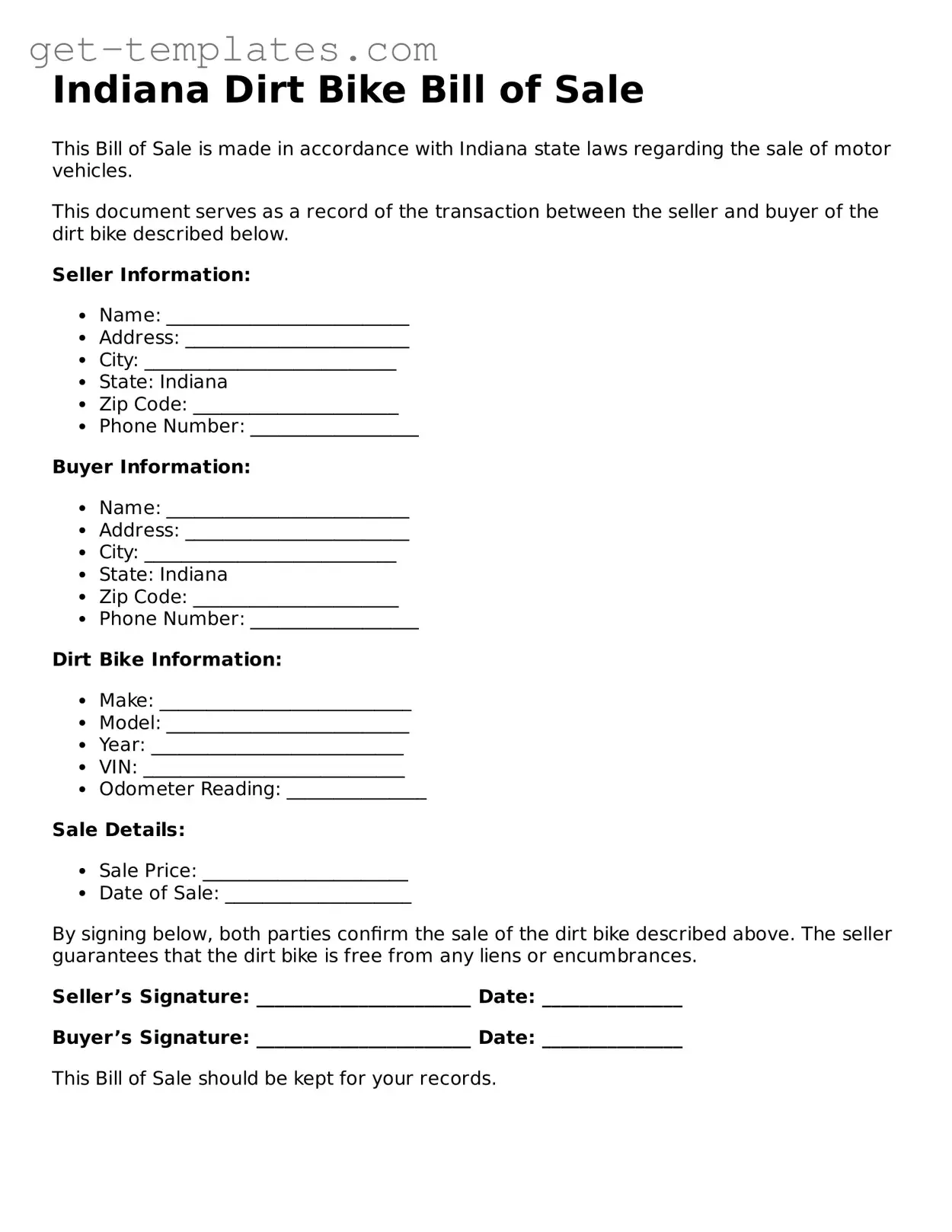 Attorney-Approved  Dirt Bike Bill of Sale Document for Indiana