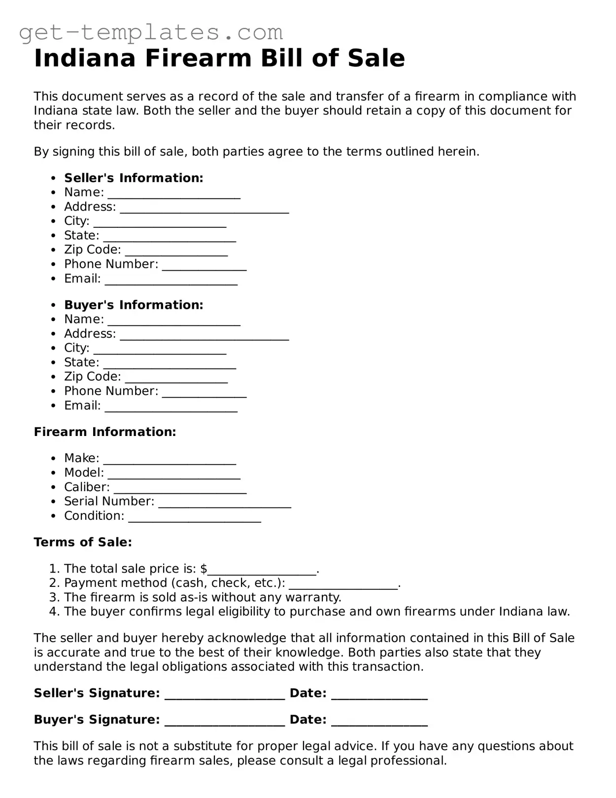 Attorney-Approved  Firearm Bill of Sale Document for Indiana