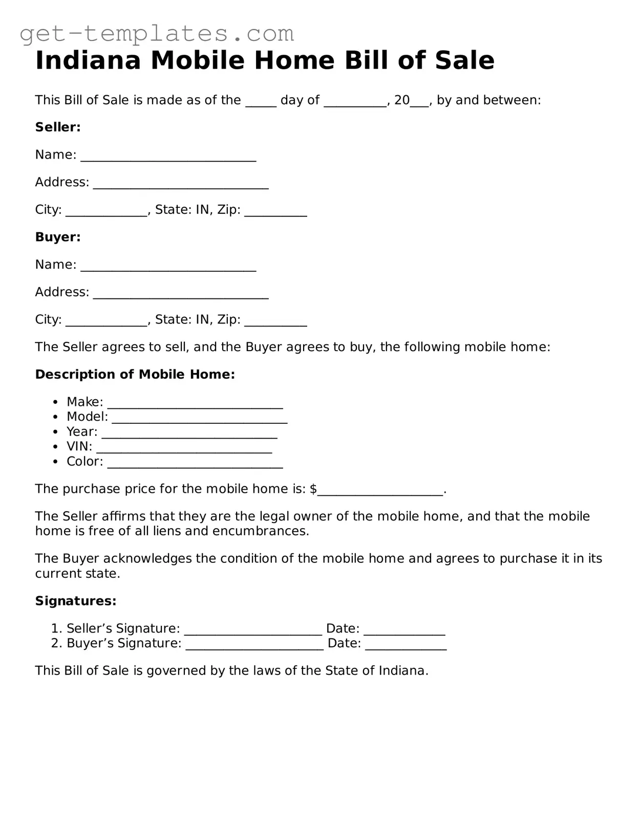 Attorney-Approved  Mobile Home Bill of Sale Document for Indiana