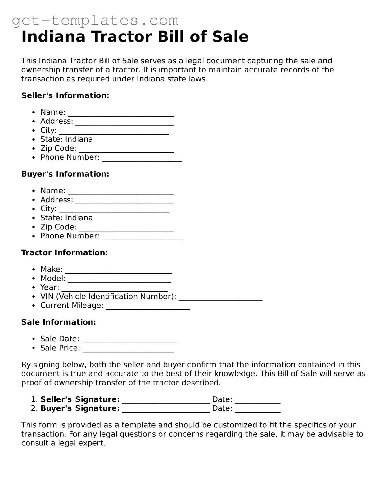 Attorney-Approved  Tractor Bill of Sale Document for Indiana