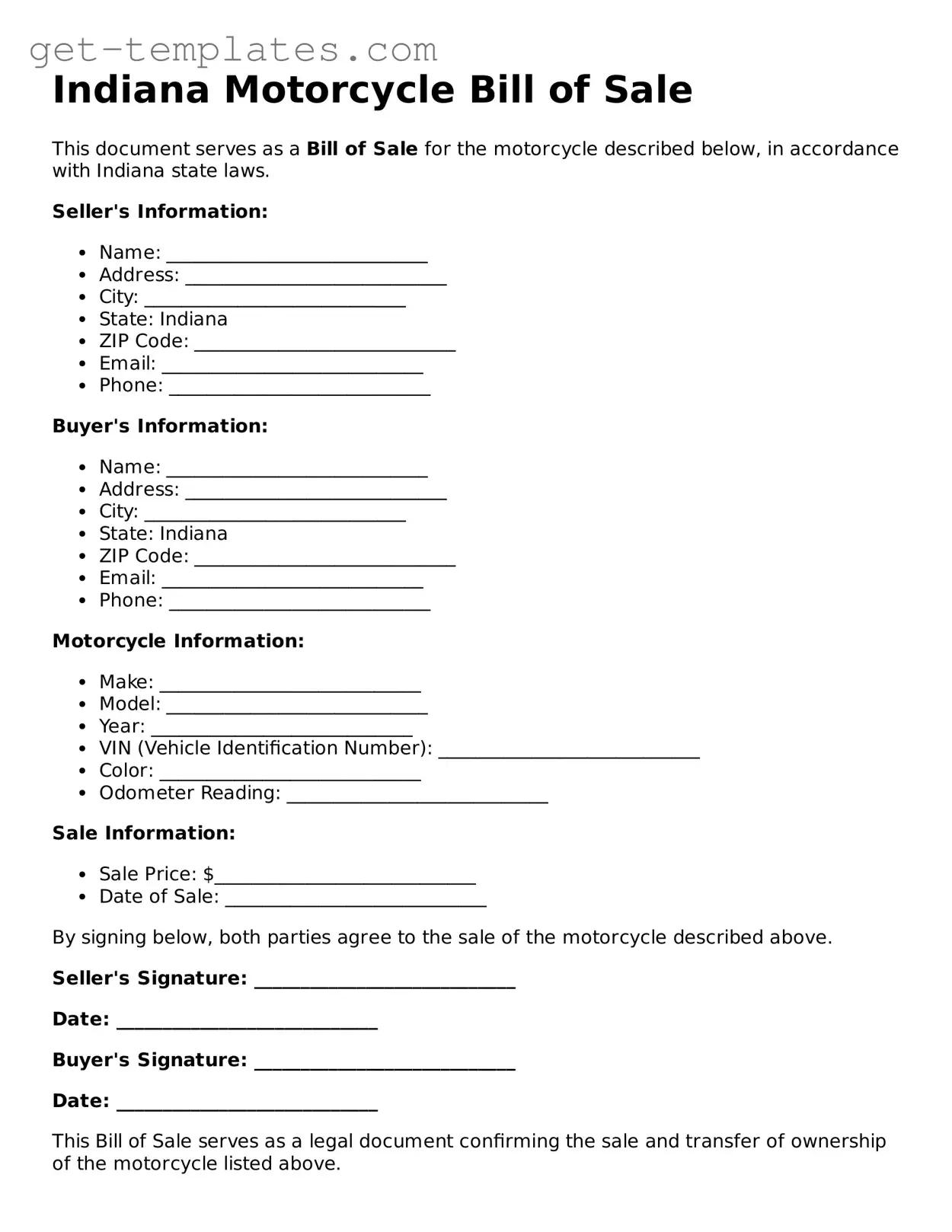 Attorney-Approved  Motorcycle Bill of Sale Document for Indiana