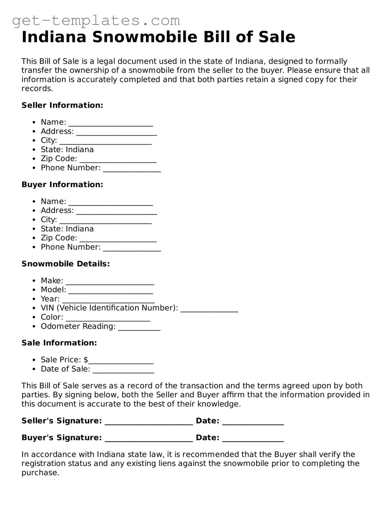 Attorney-Approved  Snowmobile Bill of Sale Document for Indiana