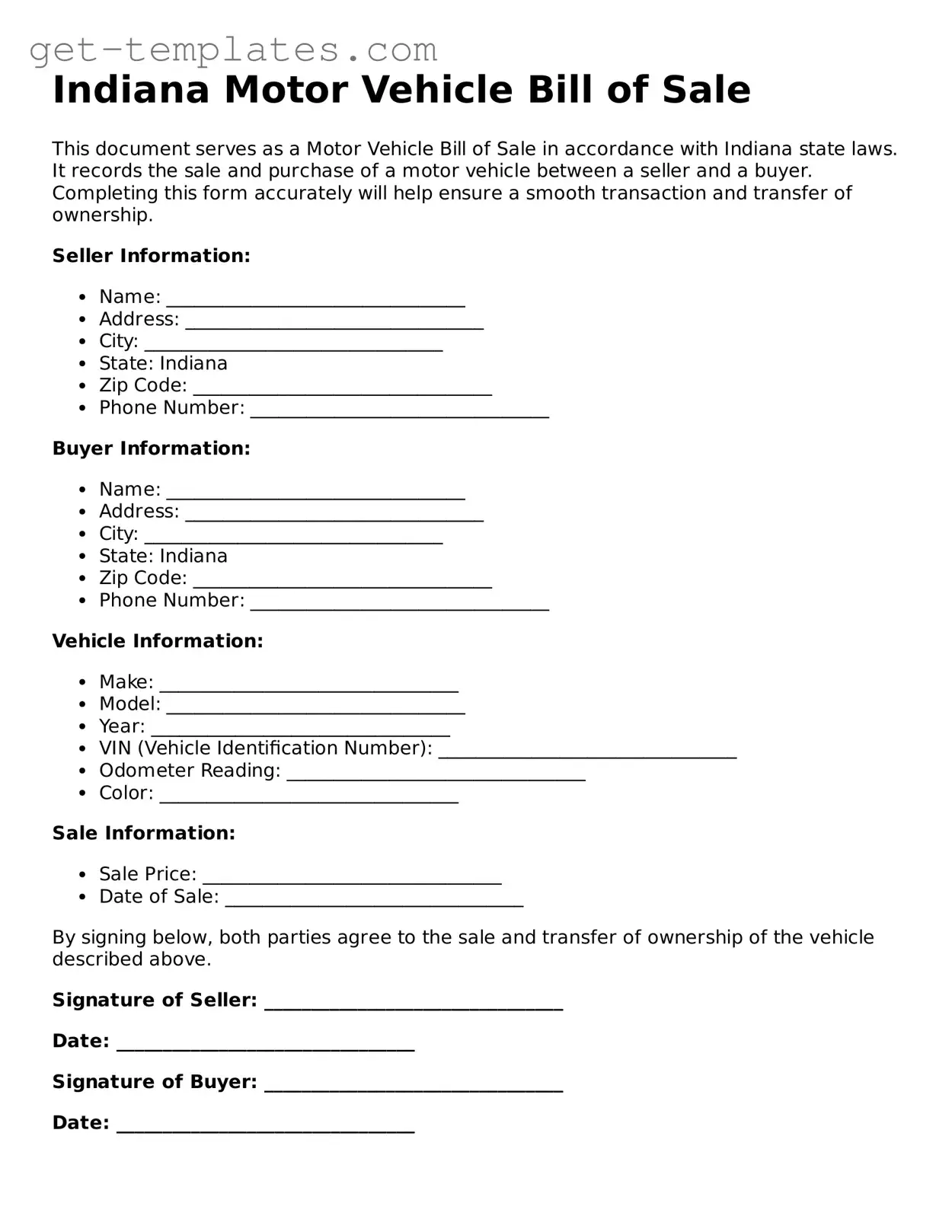 Attorney-Approved  Motor Vehicle Bill of Sale Document for Indiana