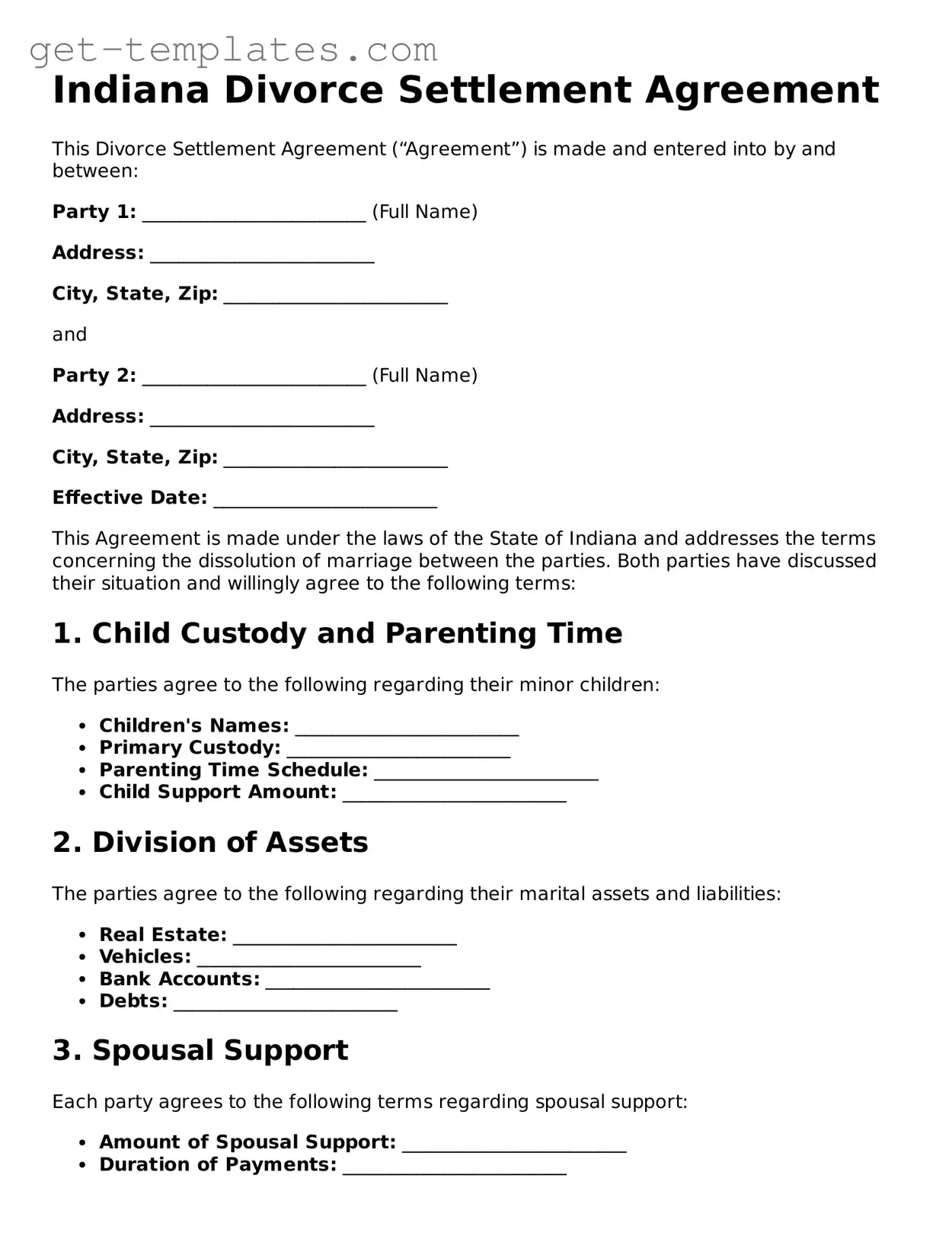 Attorney-Approved  Divorce Settlement Agreement Document for Indiana
