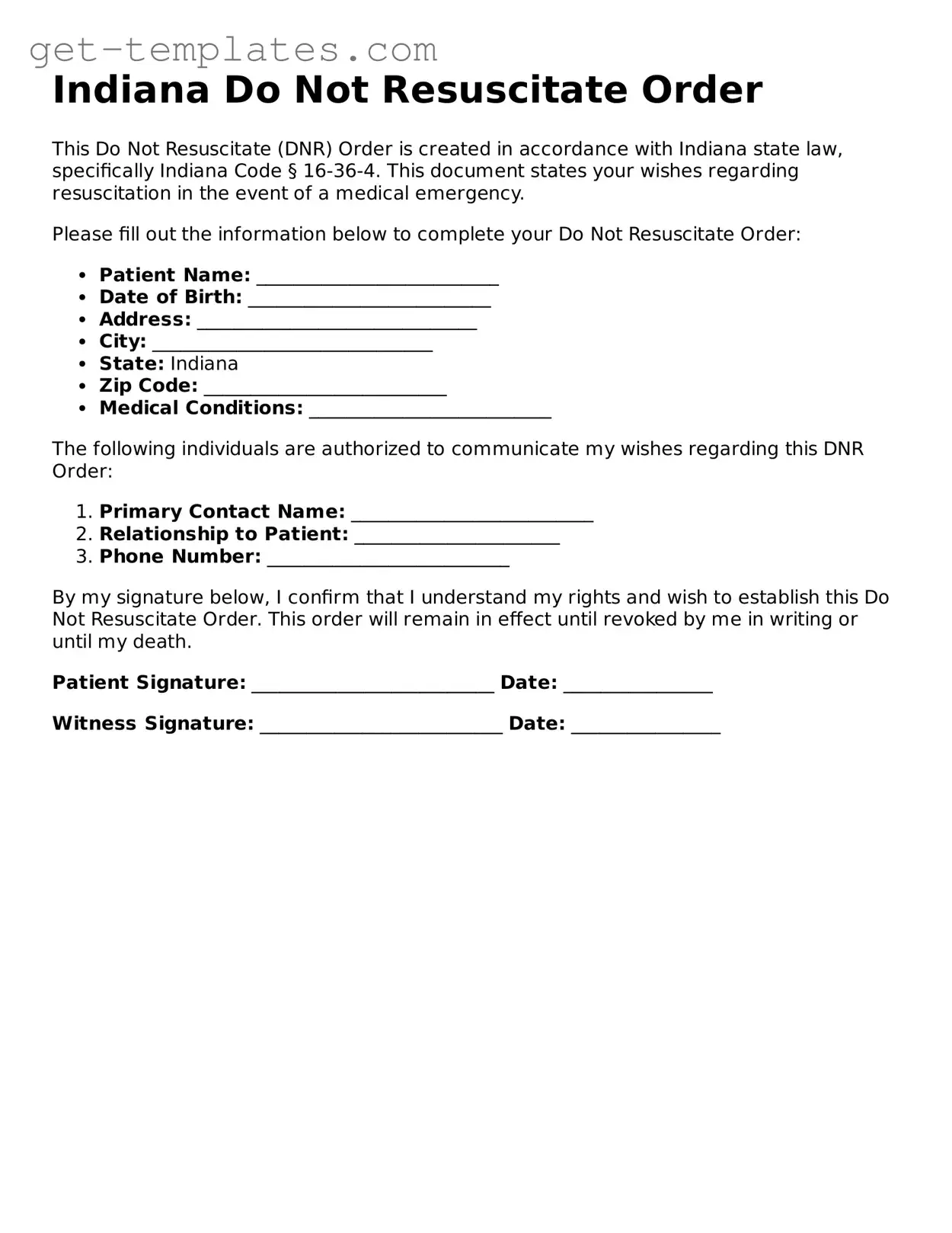 Attorney-Approved  Do Not Resuscitate Order Document for Indiana