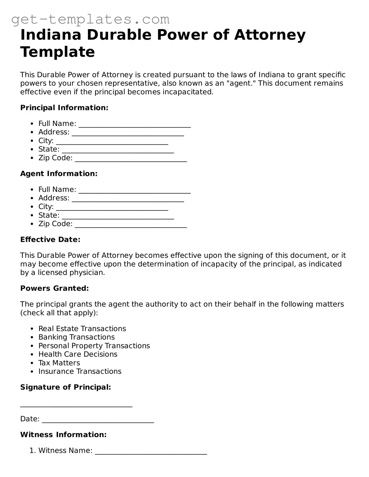 Attorney-Approved  Durable Power of Attorney Document for Indiana