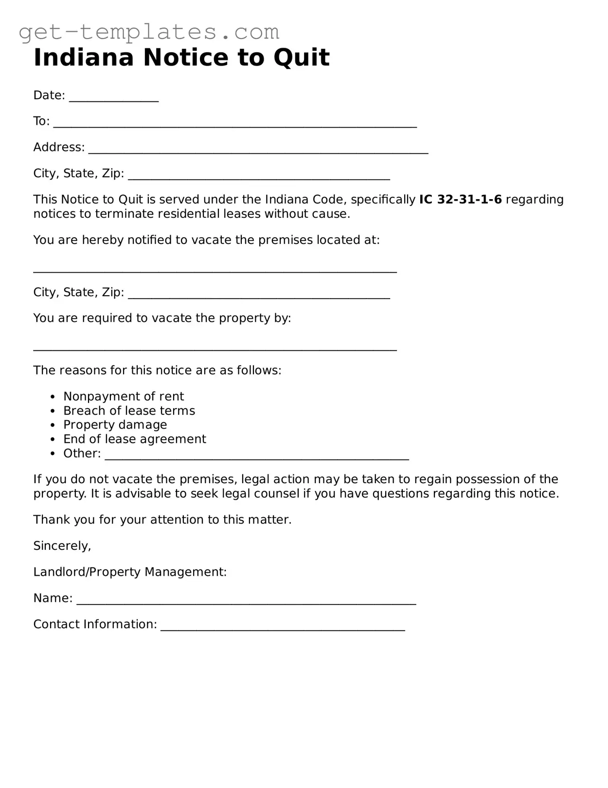 Attorney-Approved  Notice to Quit Document for Indiana