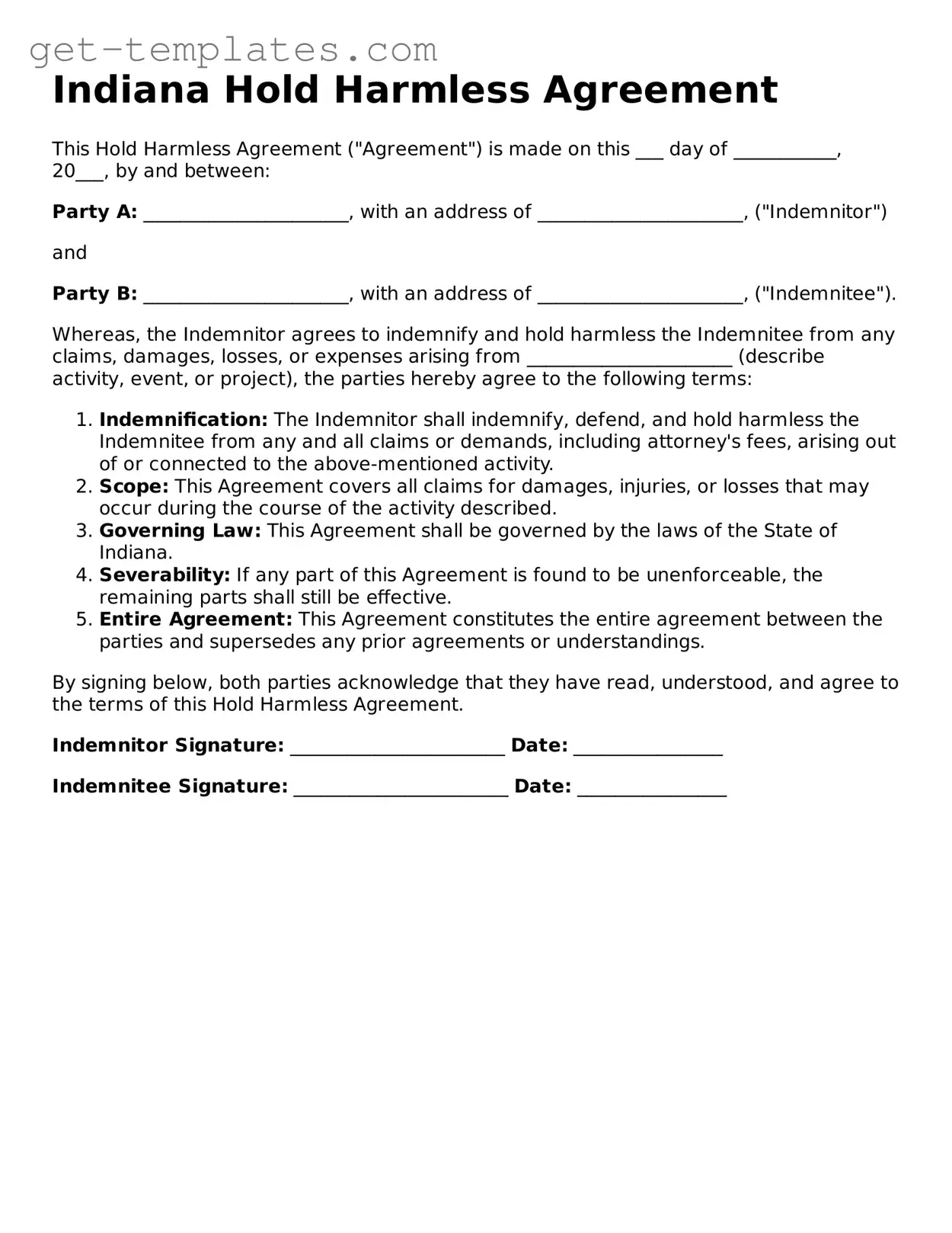 Attorney-Approved  Hold Harmless Agreement Document for Indiana