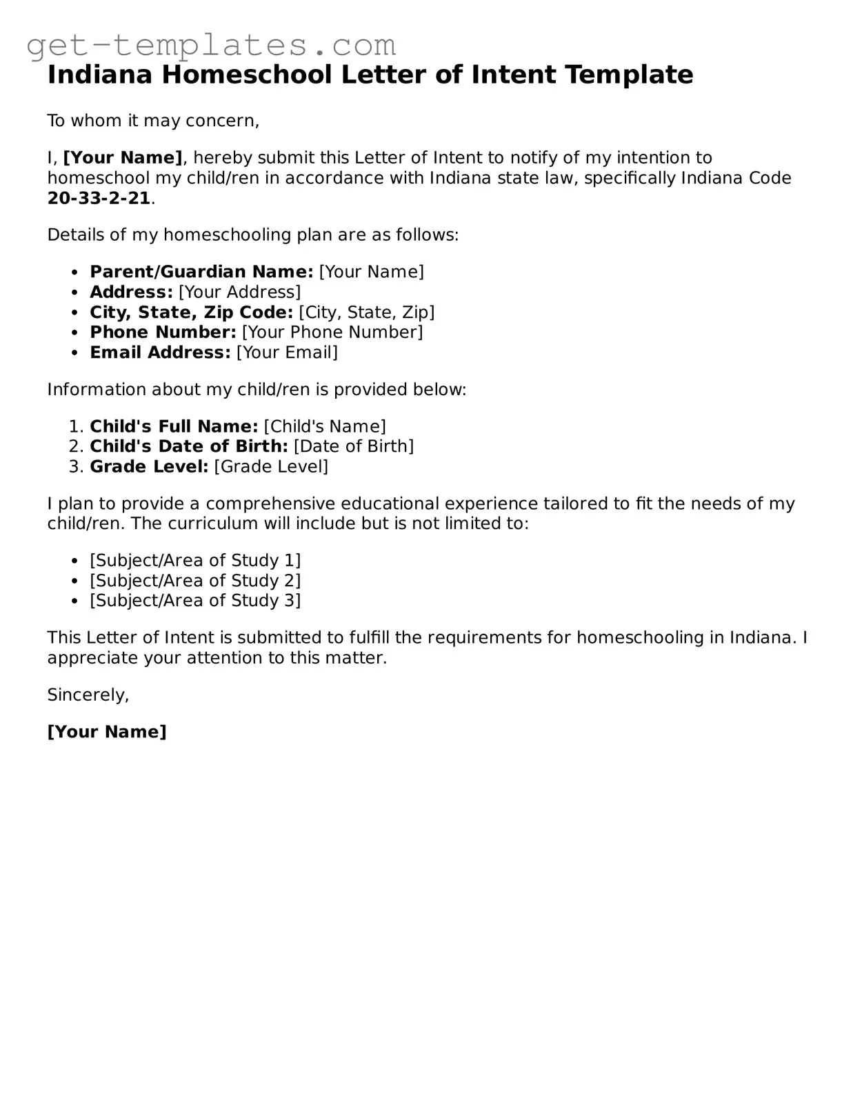 Attorney-Approved Homeschool Letter of Intent Document for Indiana