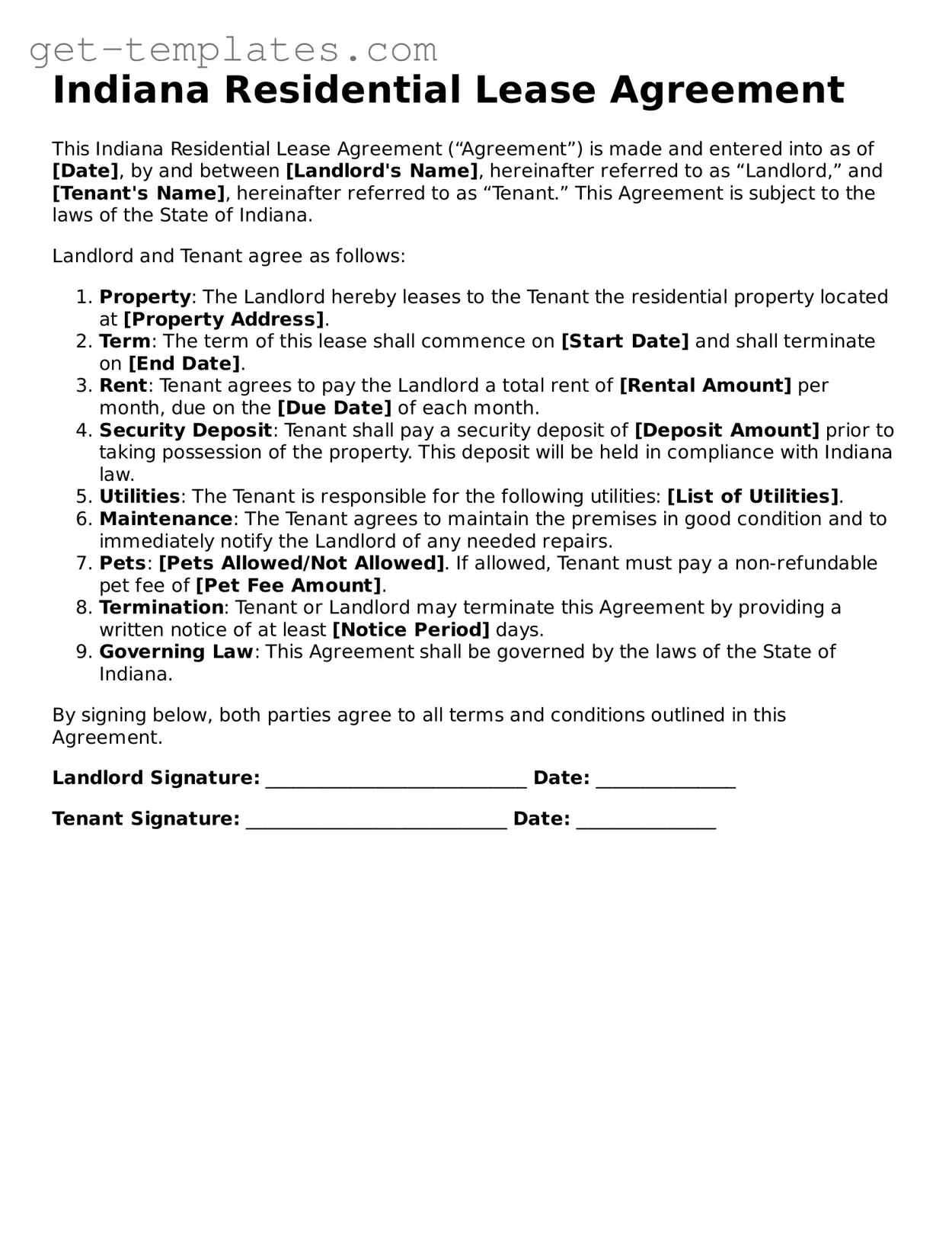 Attorney-Approved  Residential Lease Agreement Document for Indiana