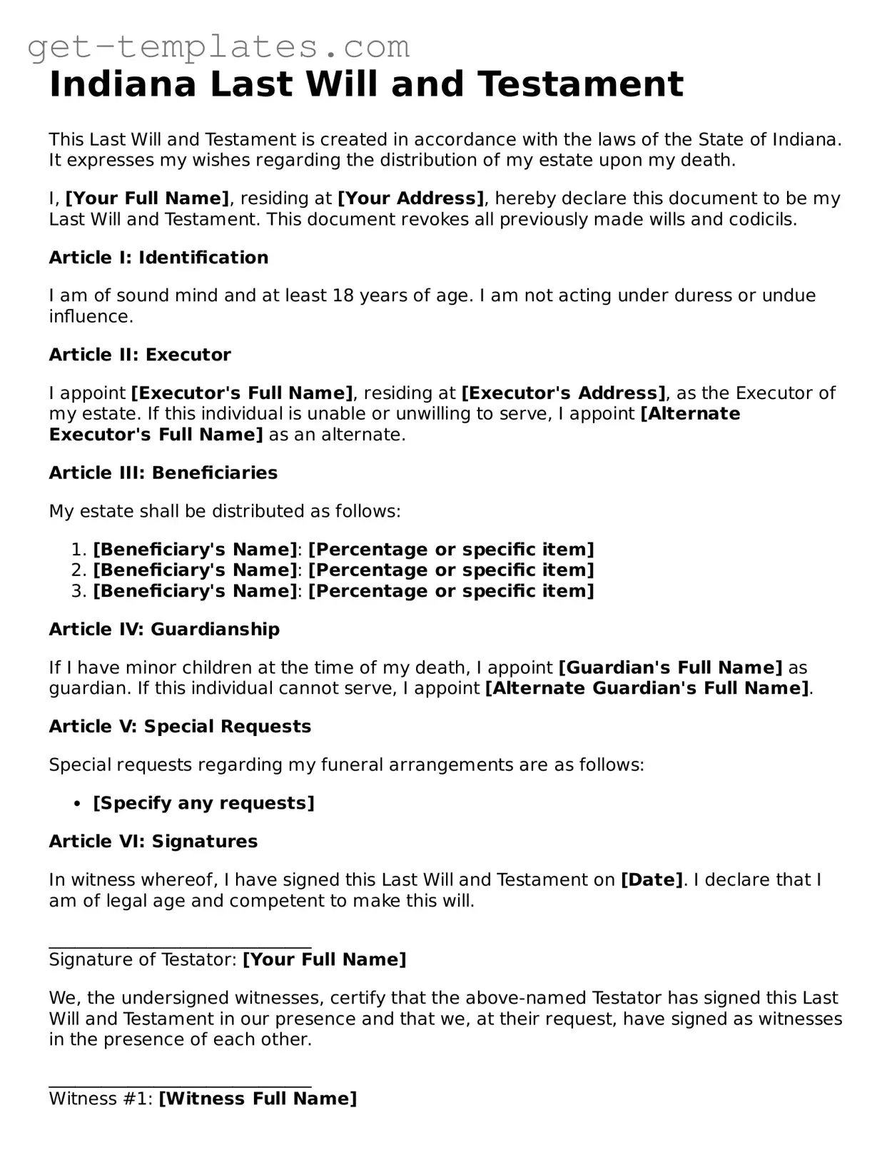 Attorney-Approved  Last Will and Testament Document for Indiana
