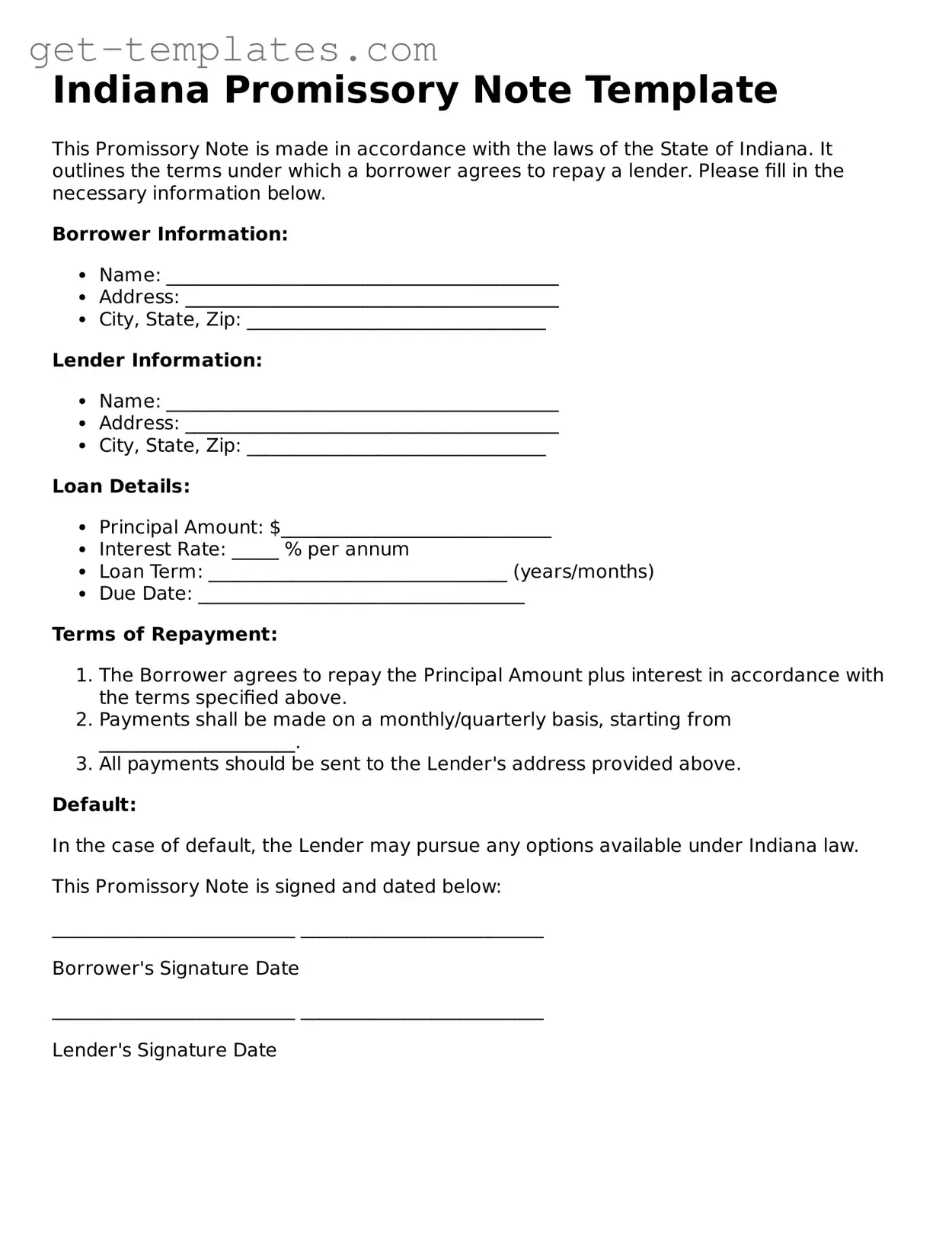 Attorney-Approved  Promissory Note Document for Indiana