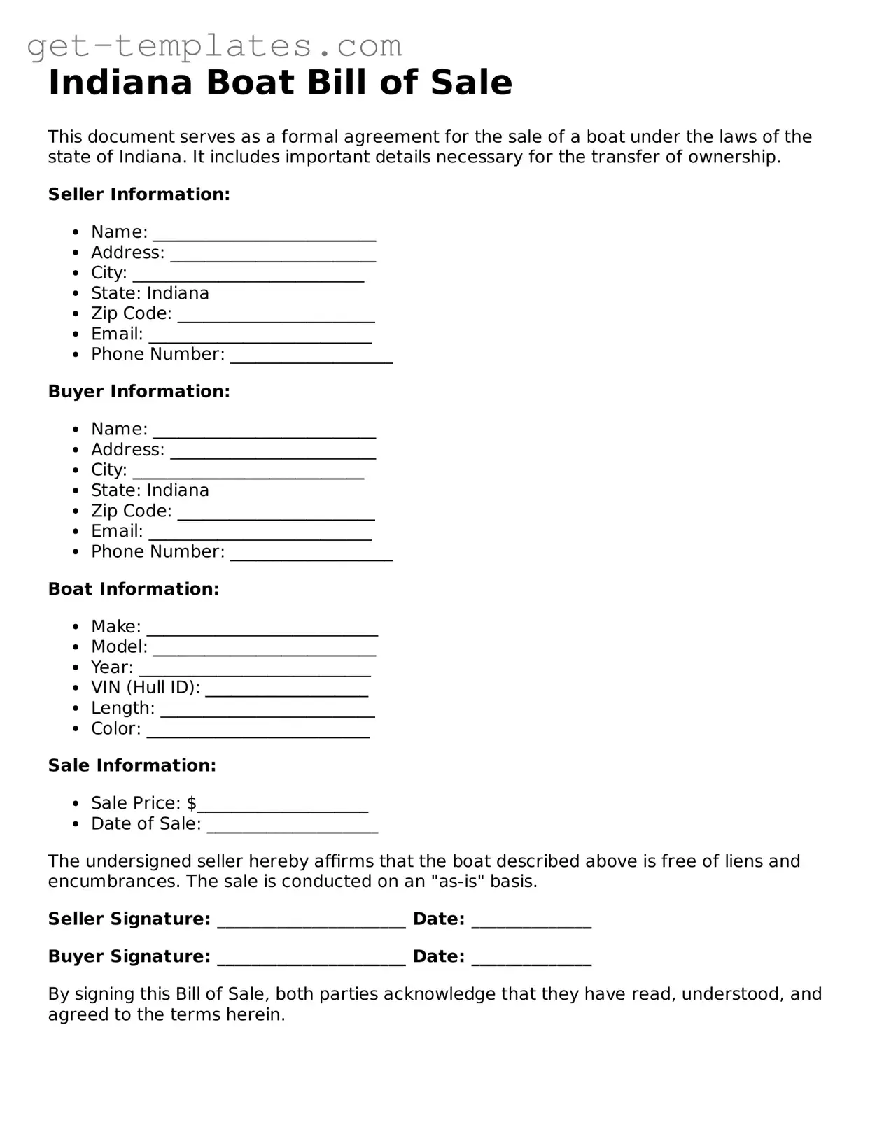 Attorney-Approved  Boat Bill of Sale Document for Indiana