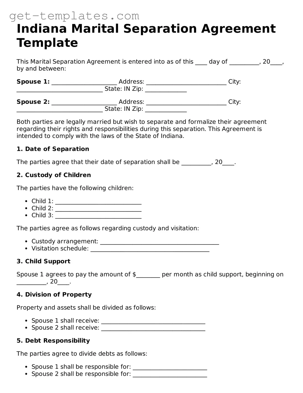 Attorney-Approved  Marital Separation Agreement Document for Indiana