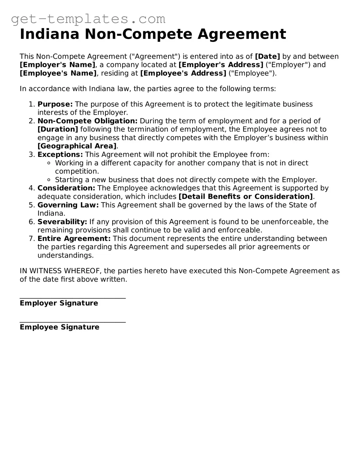 Attorney-Approved  Non-compete Agreement Document for Indiana