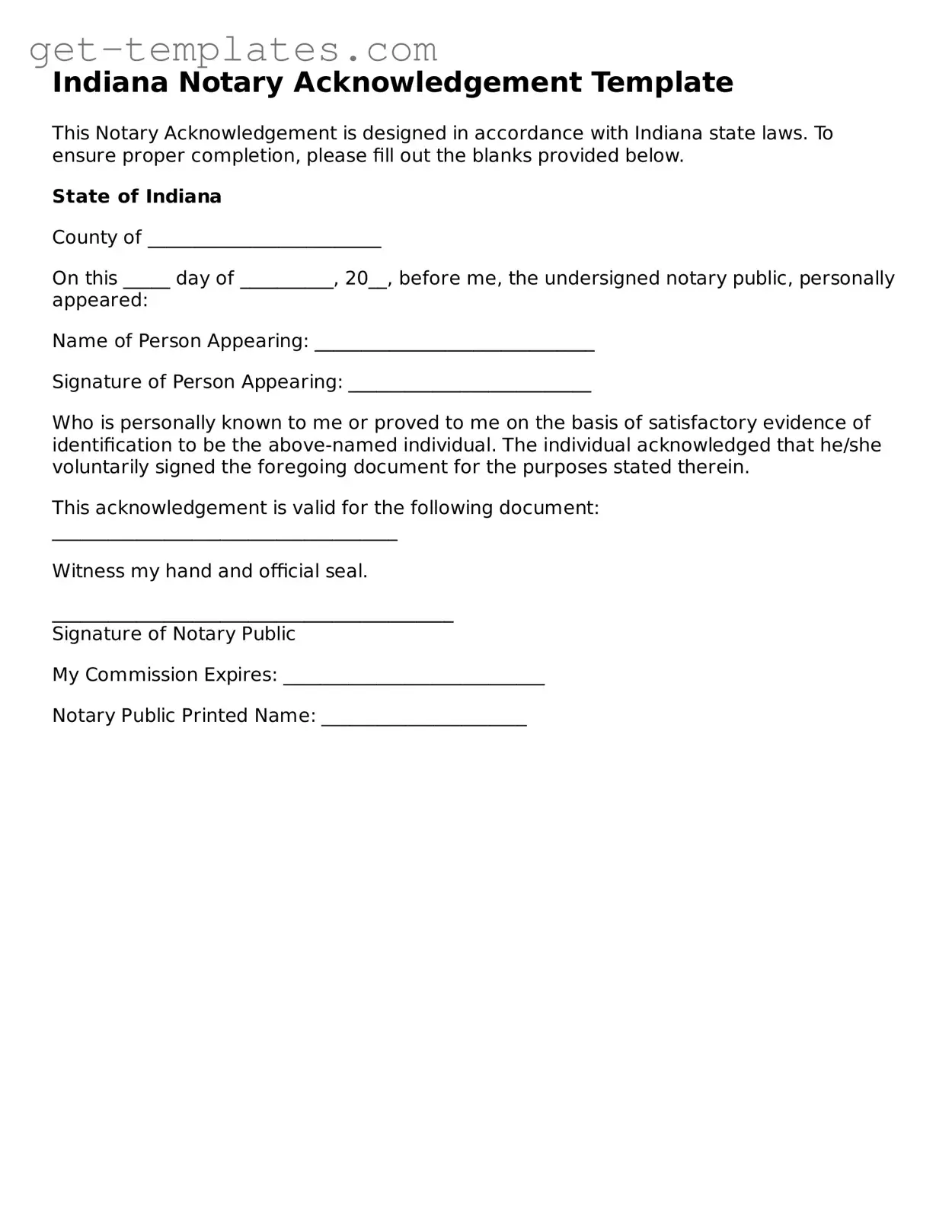 Attorney-Approved Notary Acknowledgement Document for Indiana