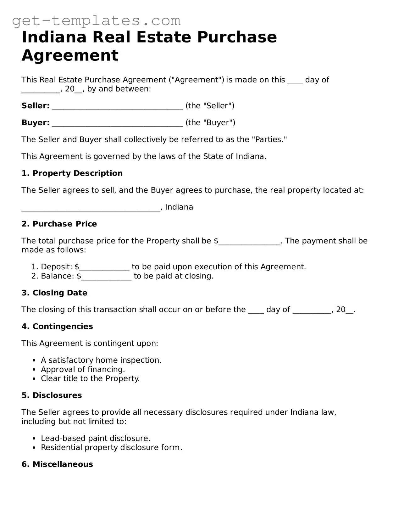 Attorney-Approved  Real Estate Purchase Agreement Document for Indiana