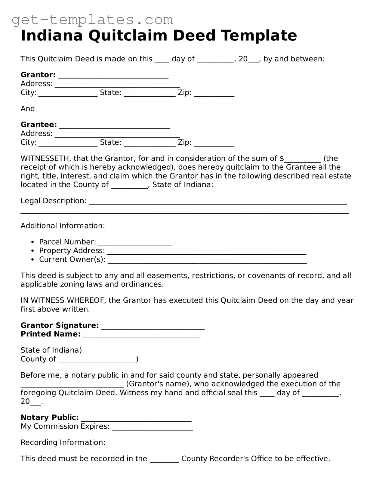 Attorney-Approved  Quitclaim Deed Document for Indiana