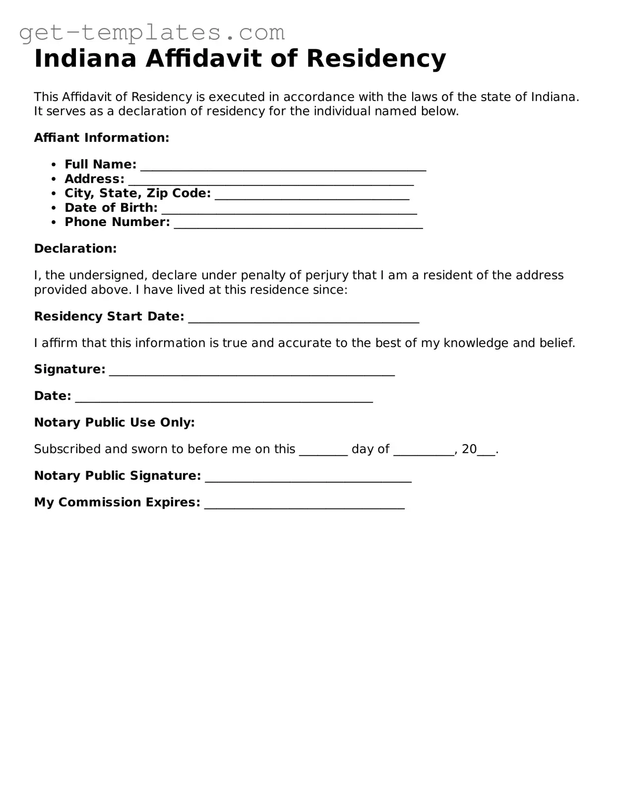 Attorney-Approved  Affidavit of Residency Document for Indiana