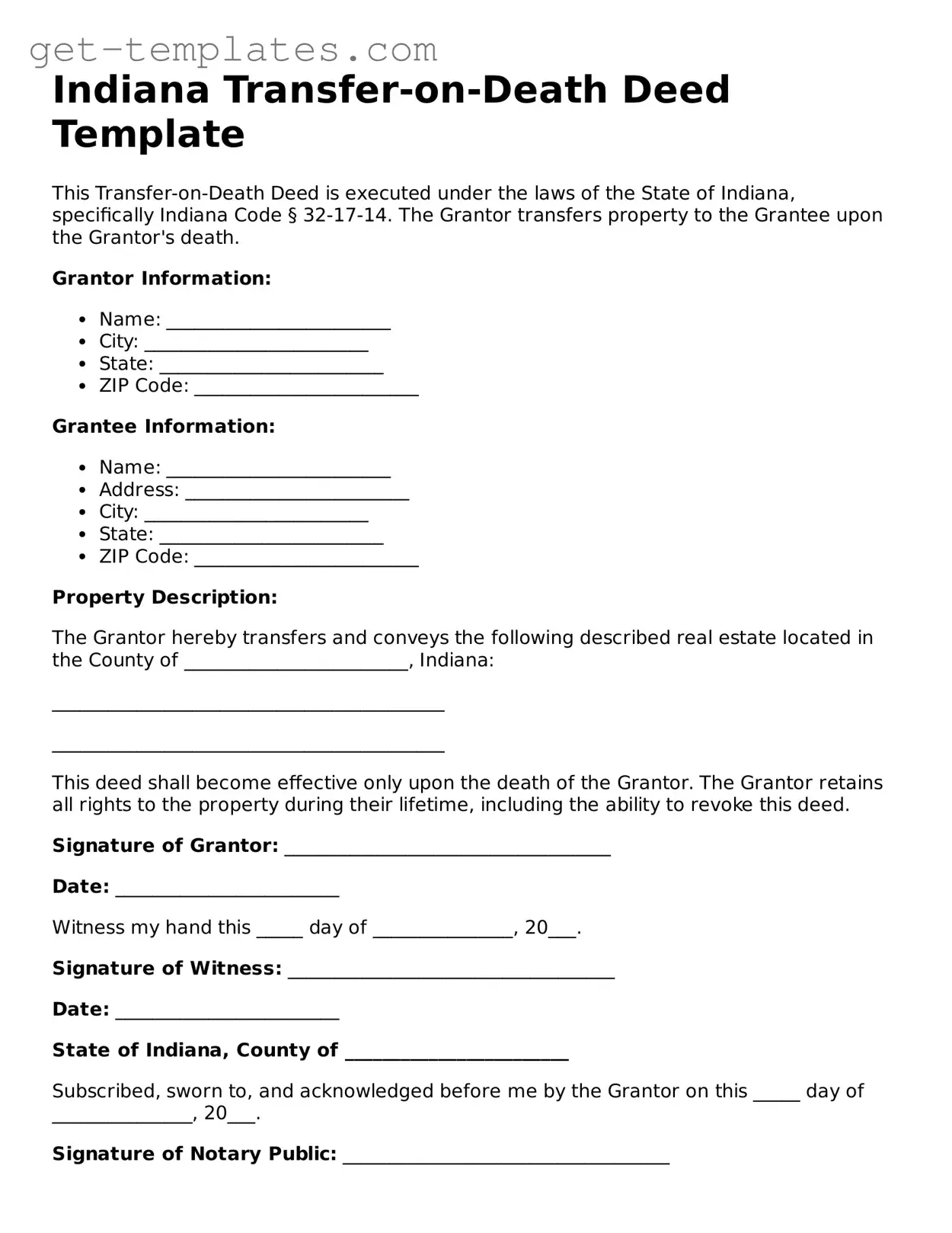 Attorney-Approved  Transfer-on-Death Deed Document for Indiana