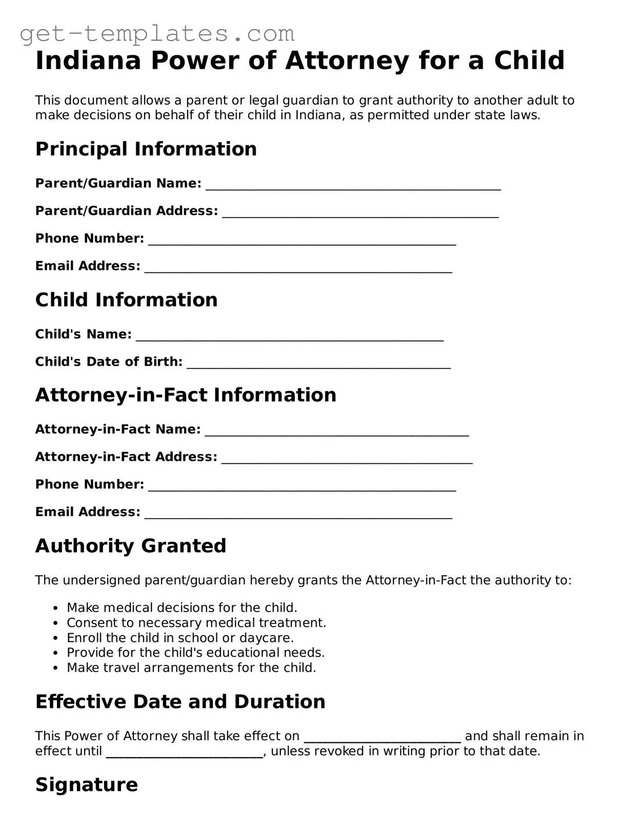 Attorney-Approved  Power of Attorney for a Child Document for Indiana