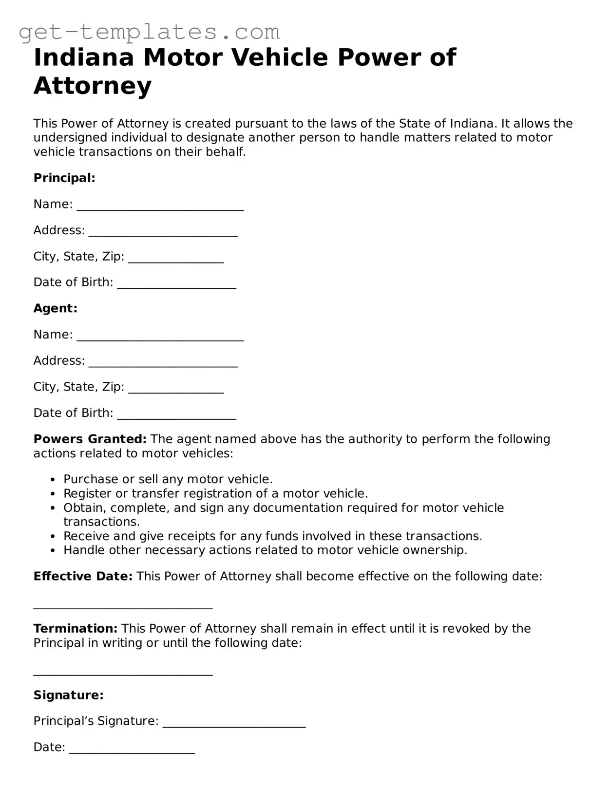 Attorney-Approved  Motor Vehicle Power of Attorney Document for Indiana