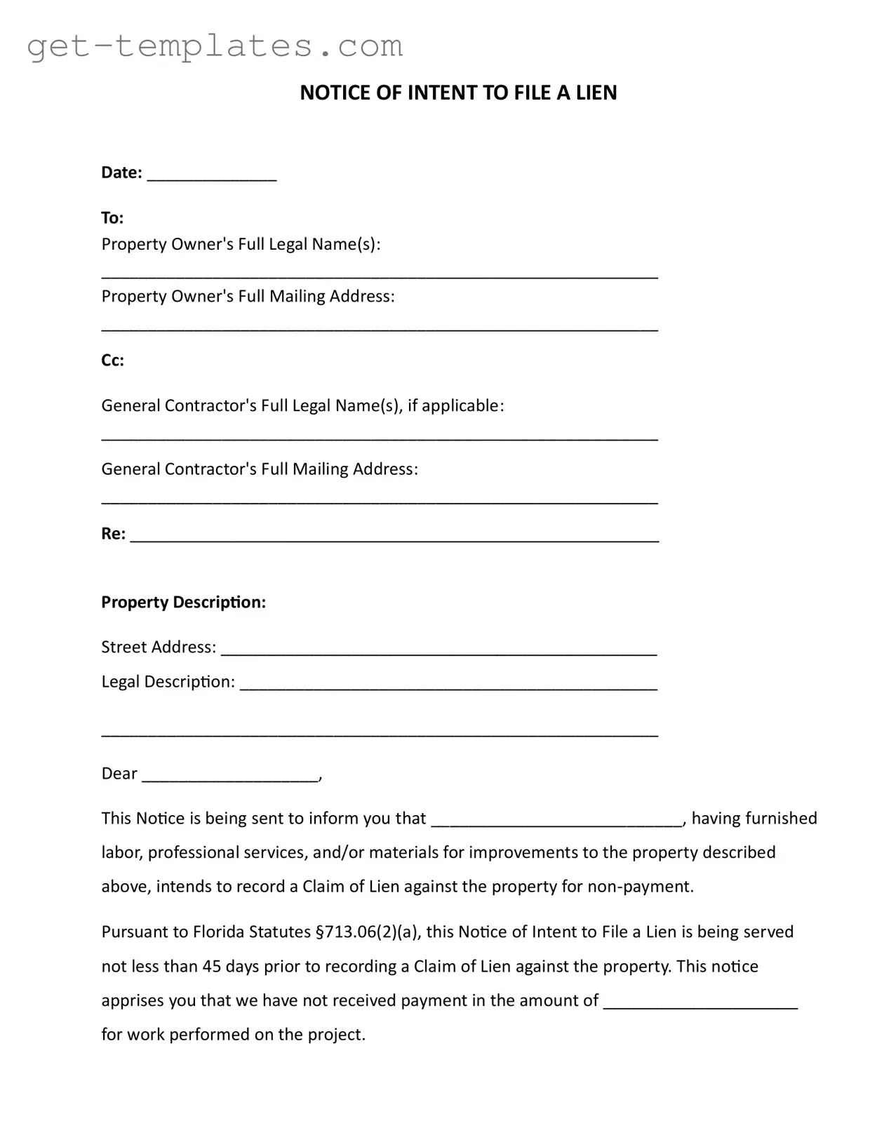 Fill in a Valid Intent To Lien Florida Template