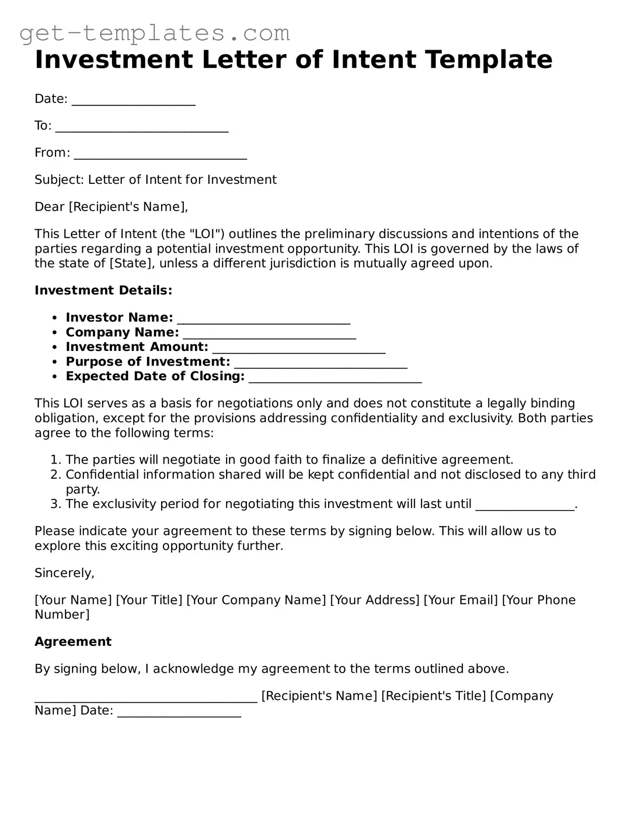 Attorney-Approved Investment Letter of Intent Form