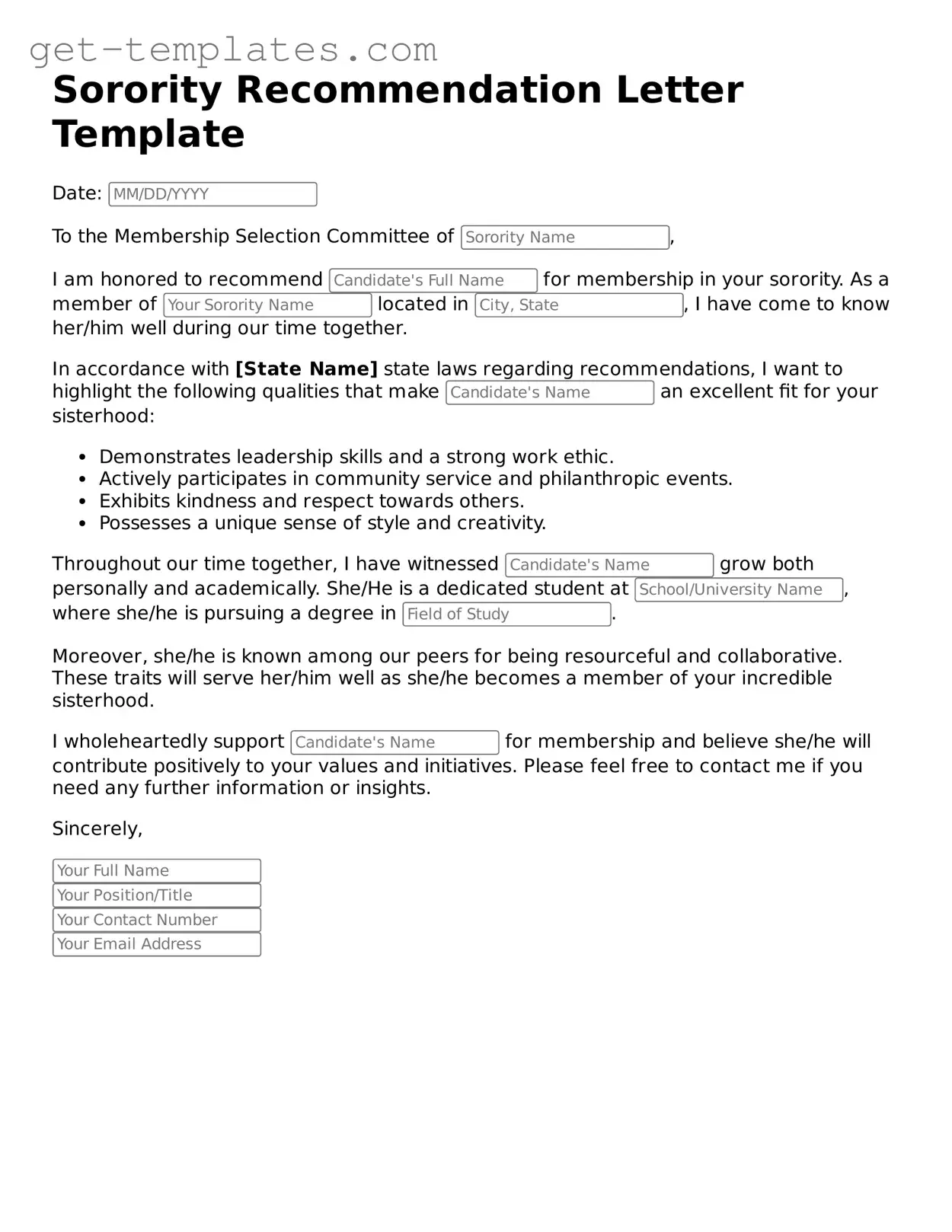 Attorney-Approved Sorority Recommendation Letter Form
