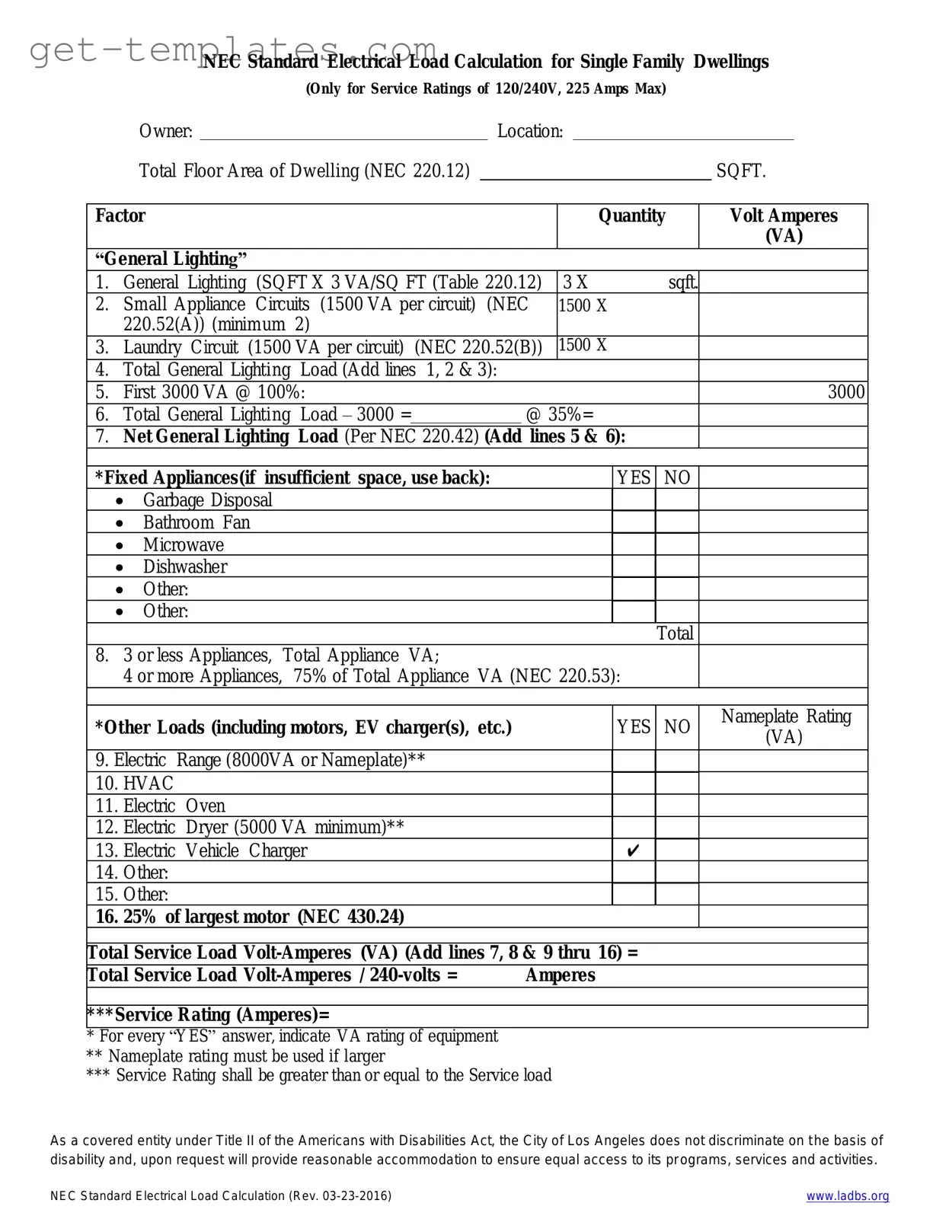 Fill in a Valid LADBS NEC Standard Electrical Load Calculation Template