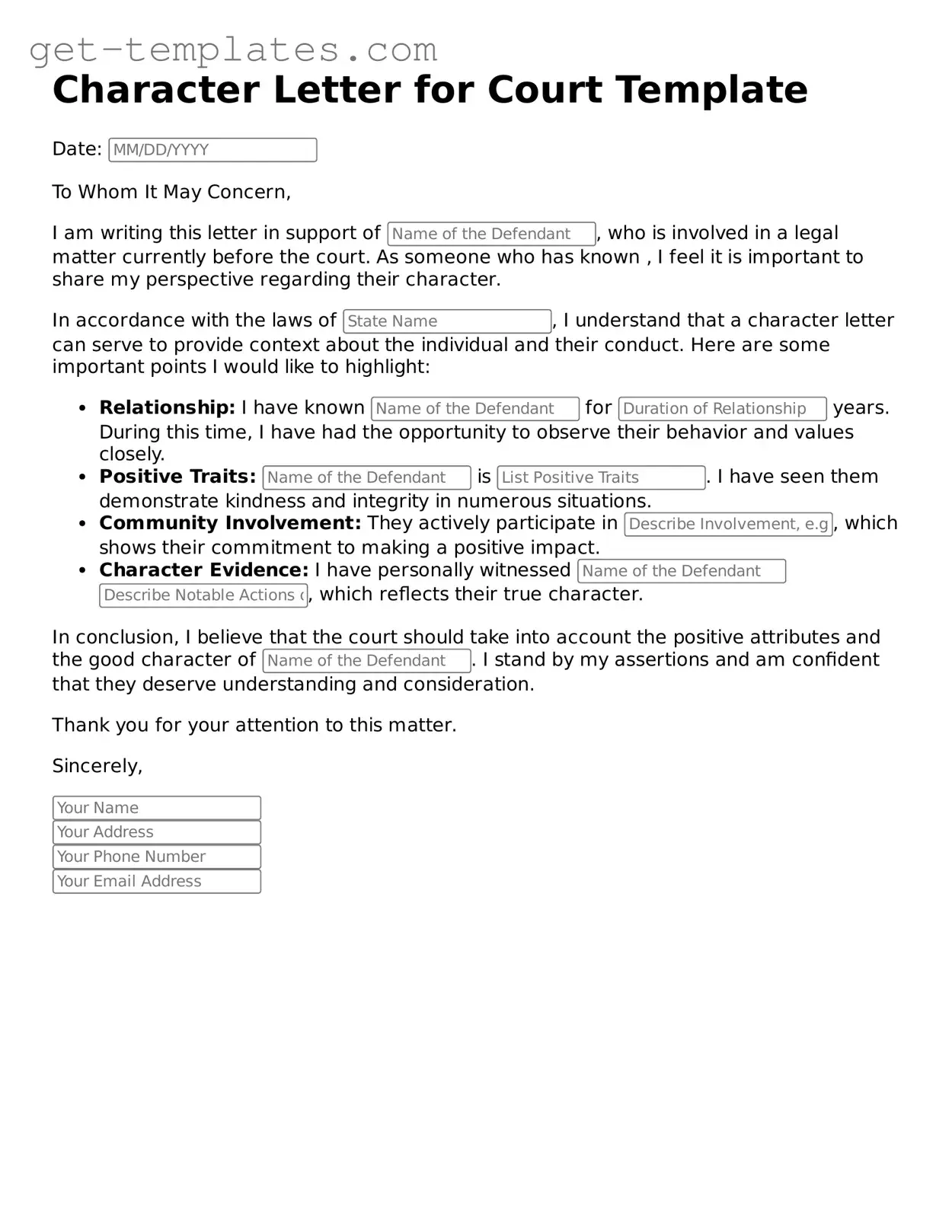 Attorney-Approved Character Letter for Court Form