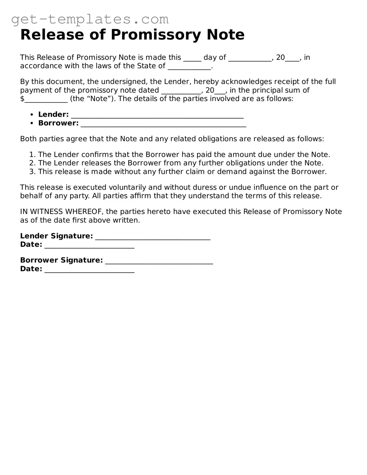 Attorney-Approved Release of Promissory Note Form