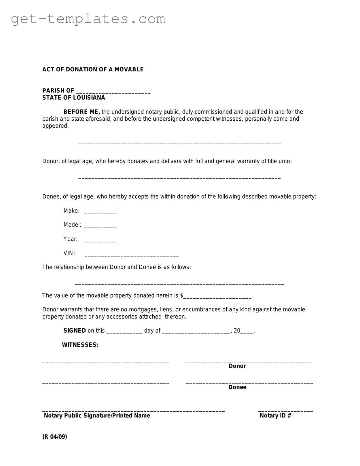 Fill in a Valid Louisiana act of donation Template