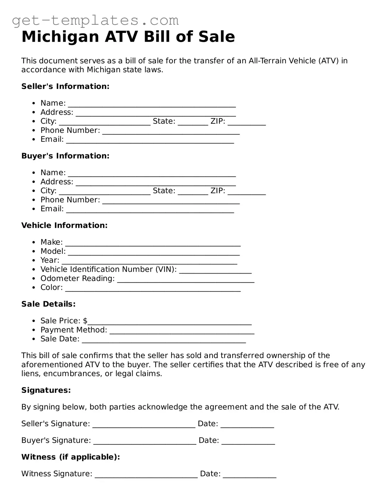 Attorney-Approved  ATV Bill of Sale Document for Michigan