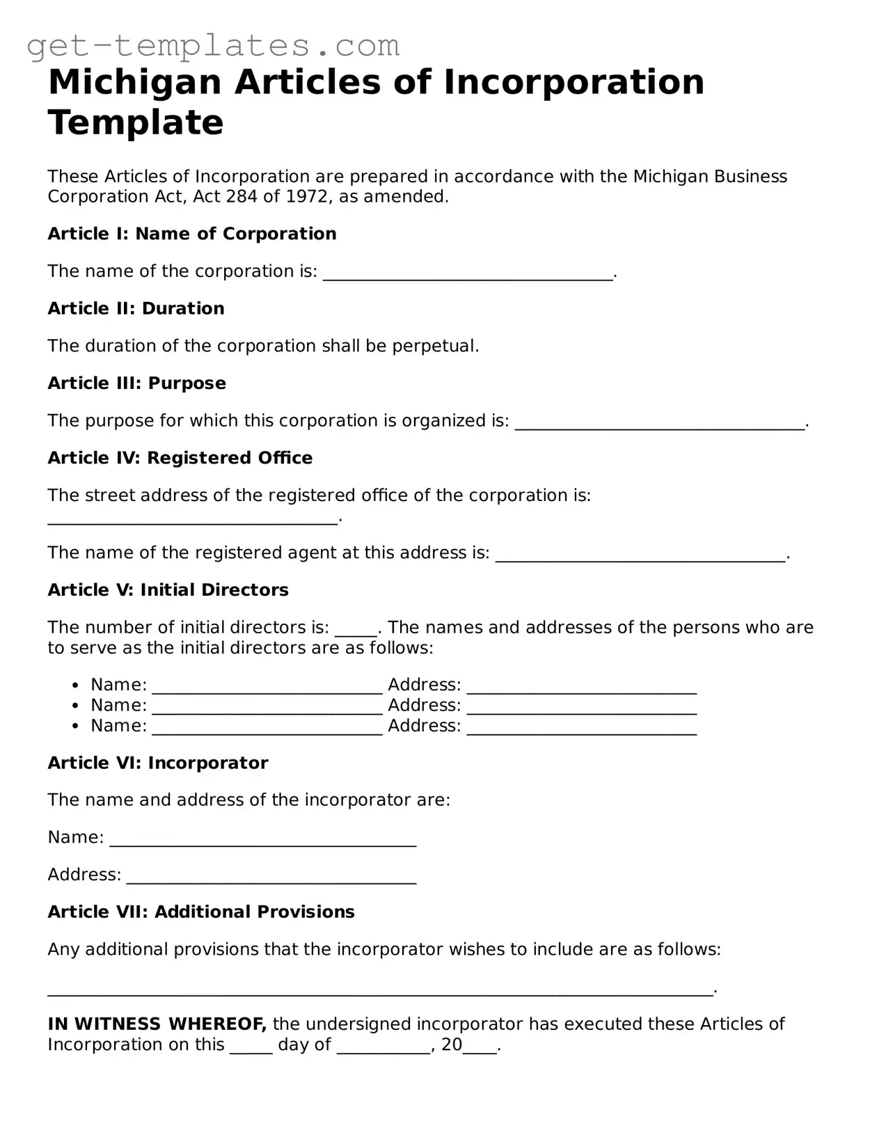 Attorney-Approved  Articles of Incorporation Document for Michigan