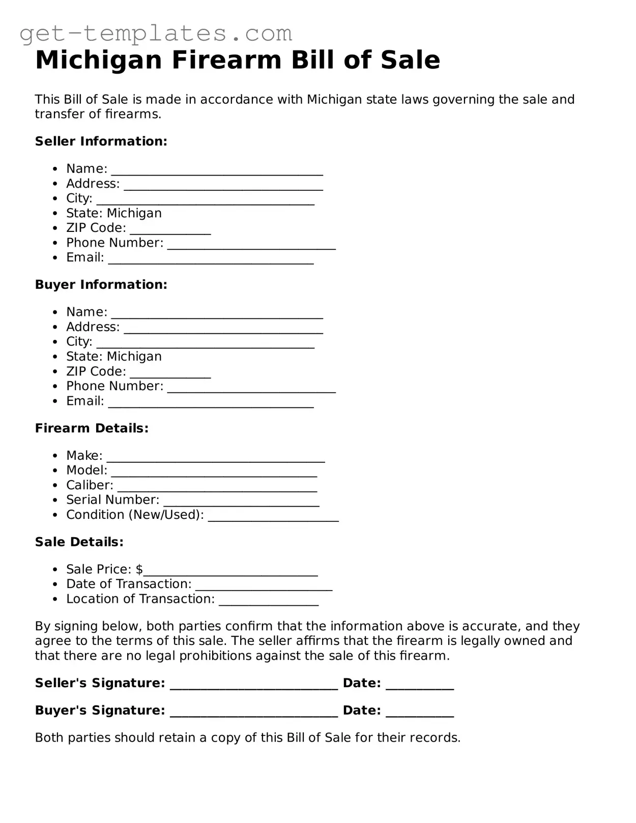 Attorney-Approved  Firearm Bill of Sale Document for Michigan