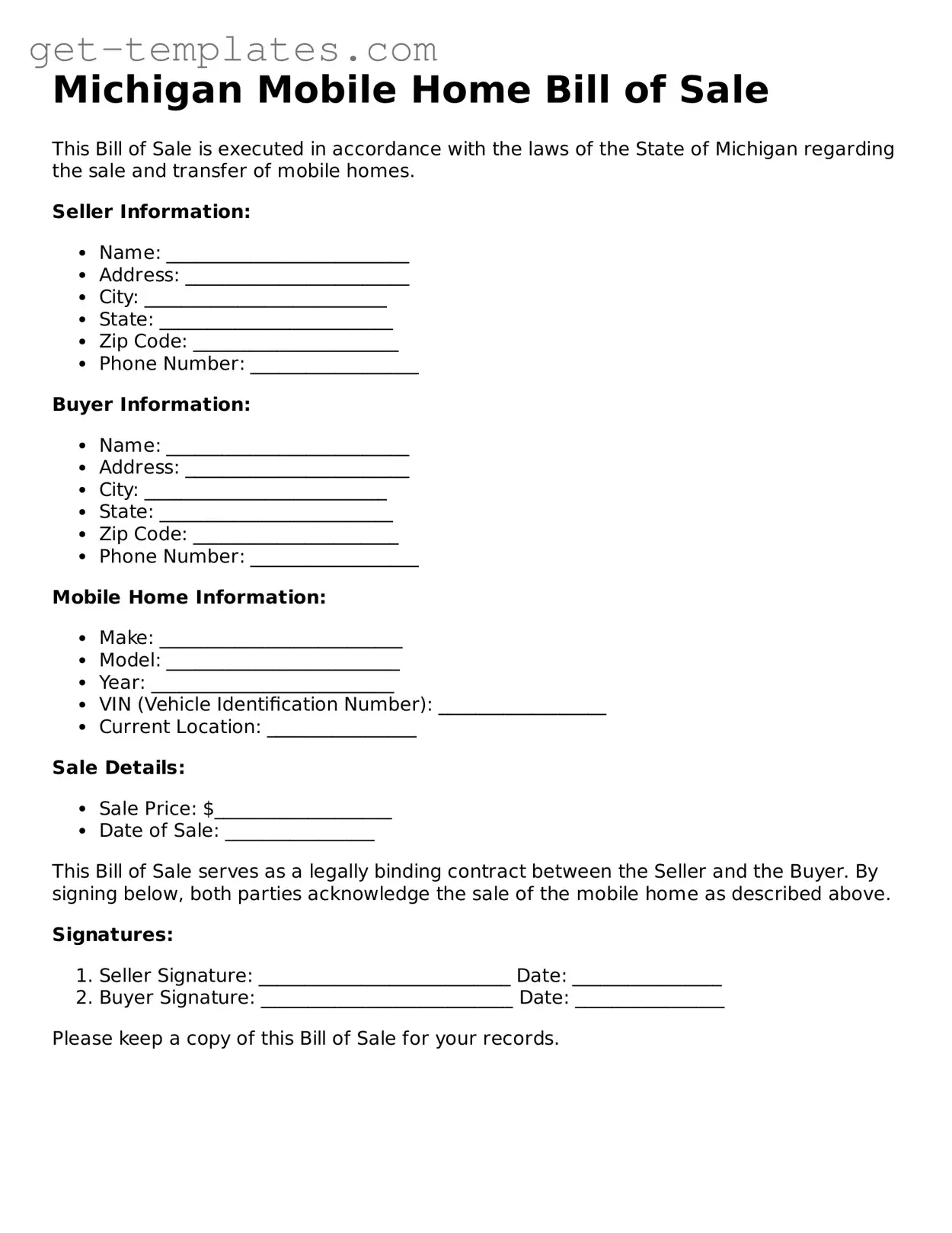 Attorney-Approved  Mobile Home Bill of Sale Document for Michigan