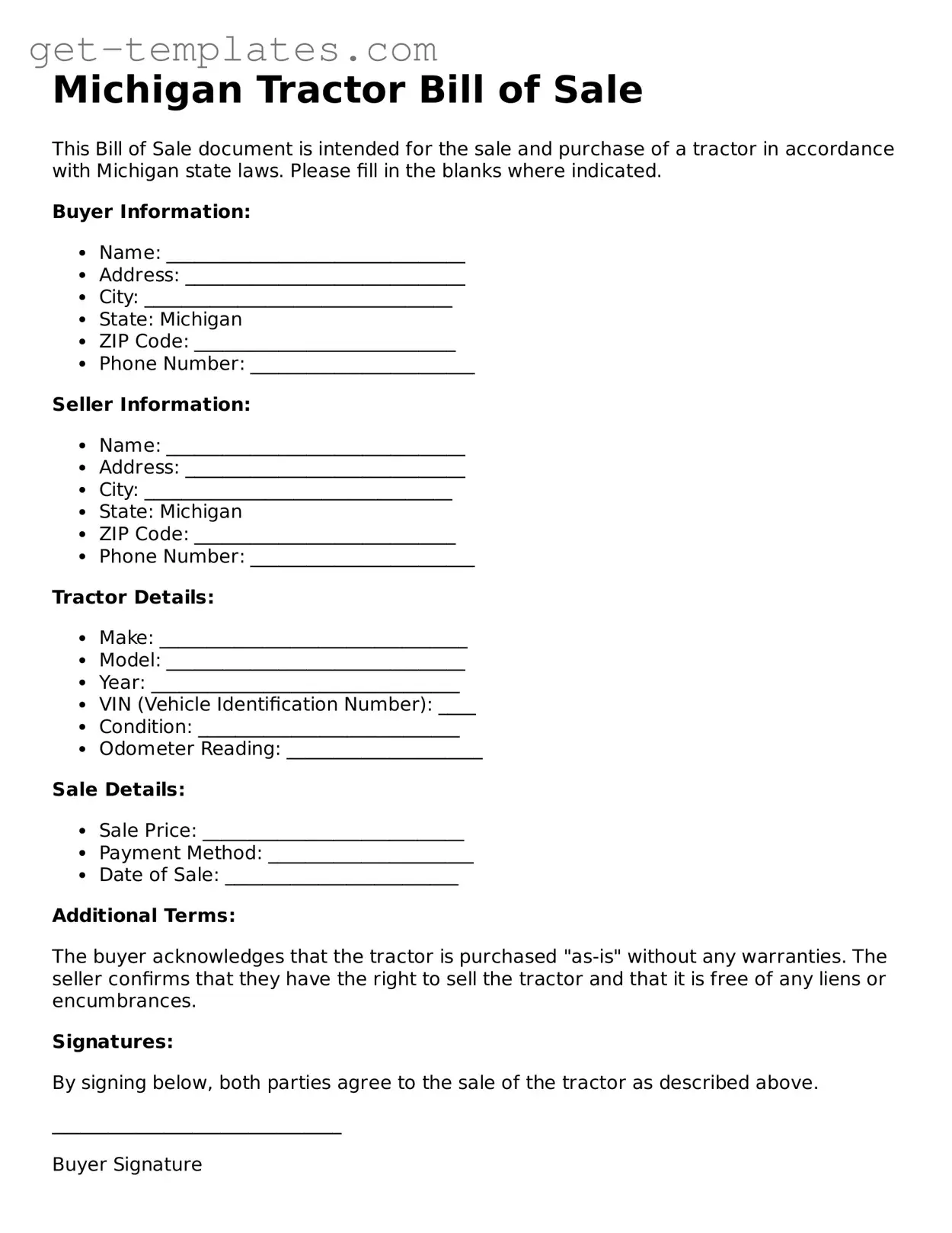 Attorney-Approved  Tractor Bill of Sale Document for Michigan