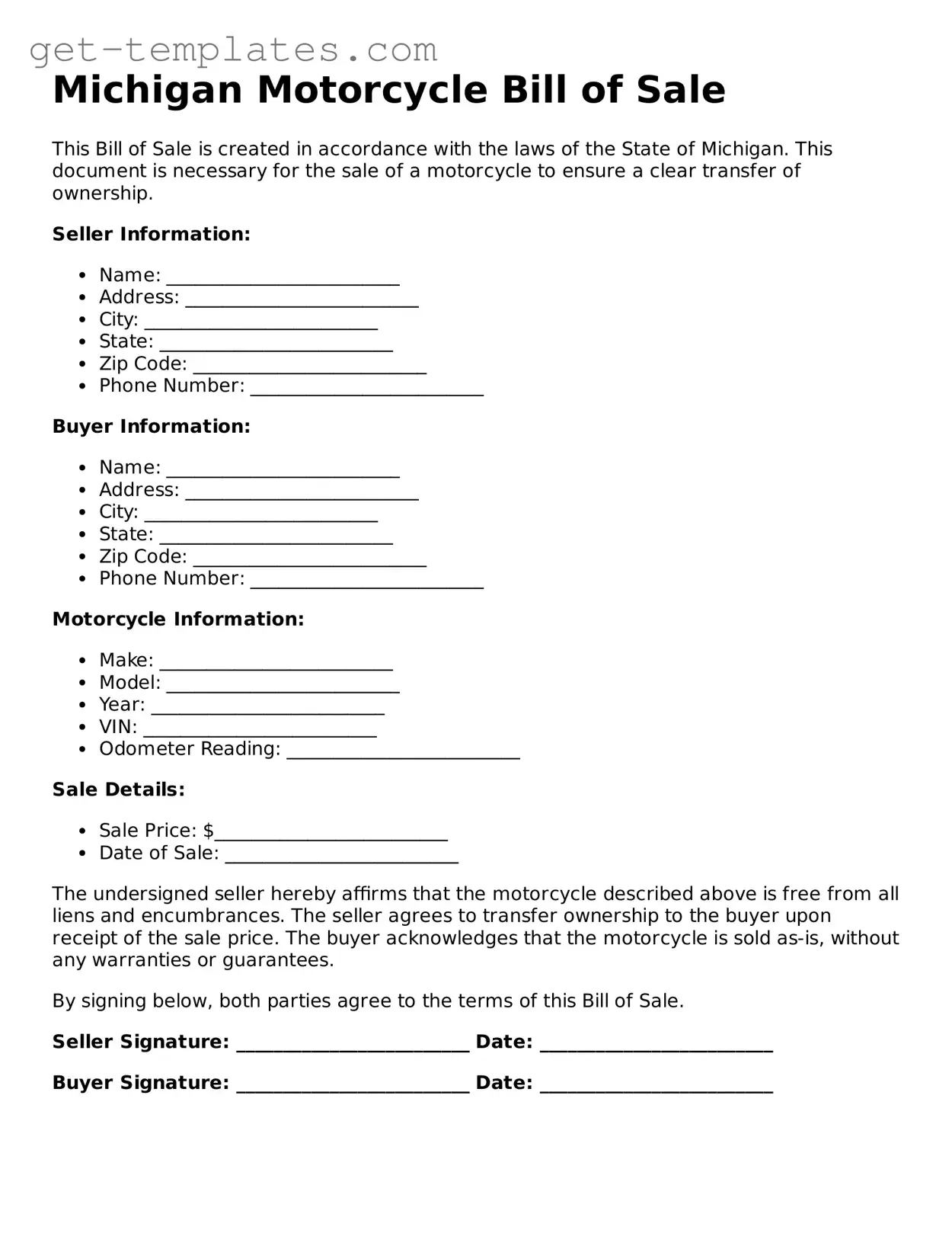 Attorney-Approved  Motorcycle Bill of Sale Document for Michigan