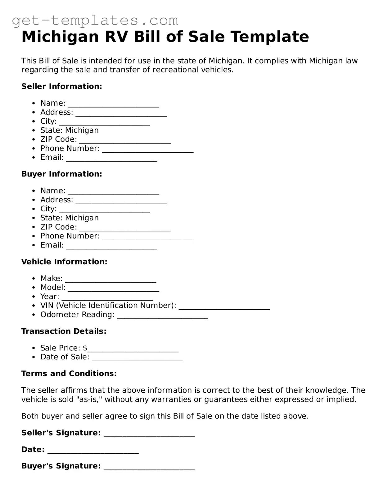 Attorney-Approved  RV Bill of Sale Document for Michigan
