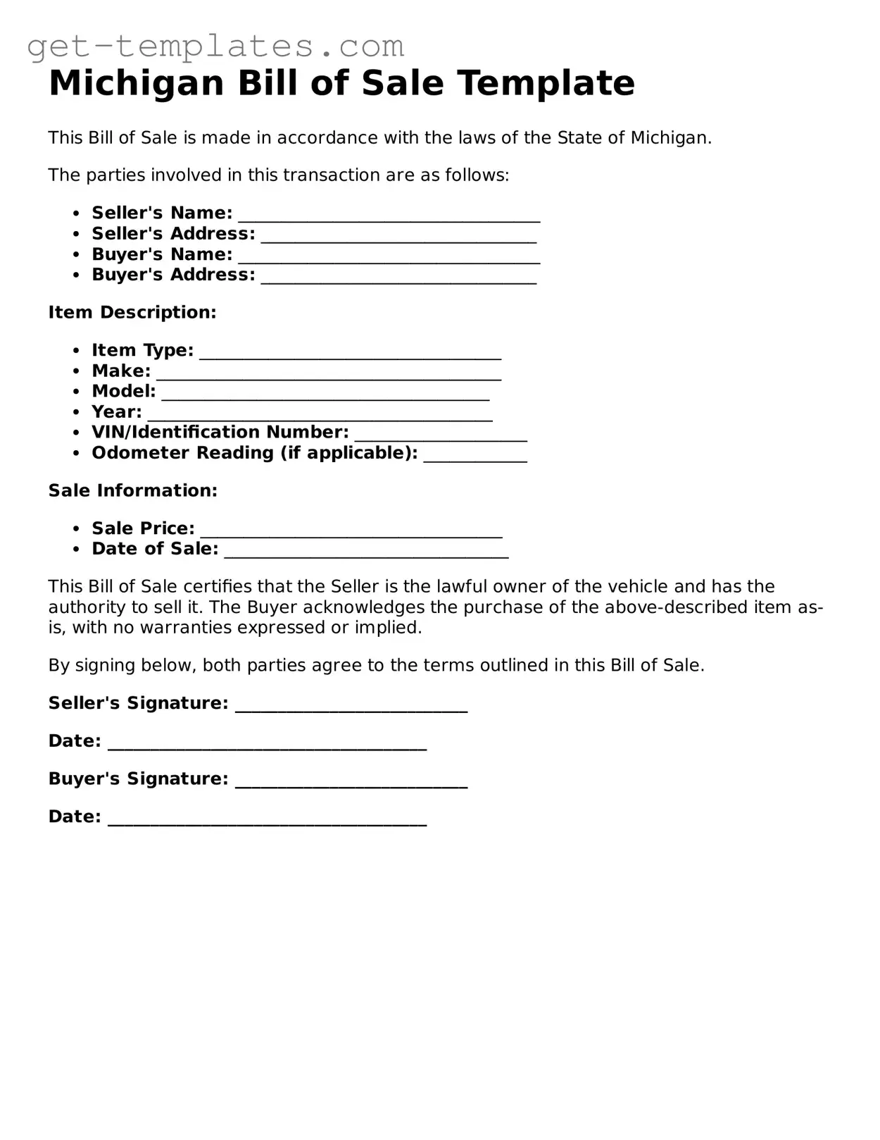 Attorney-Approved  Bill of Sale Document for Michigan