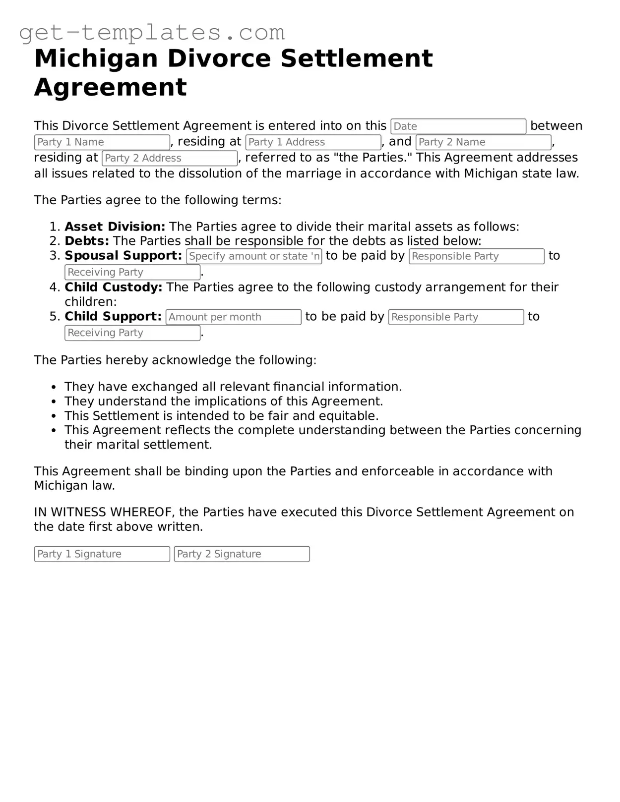 Attorney-Approved  Divorce Settlement Agreement Document for Michigan