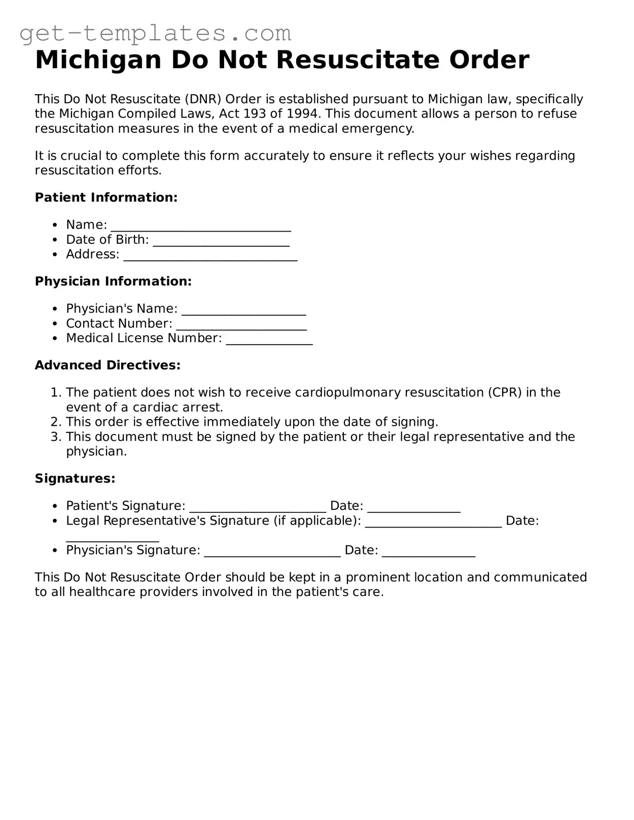 Attorney-Approved  Do Not Resuscitate Order Document for Michigan