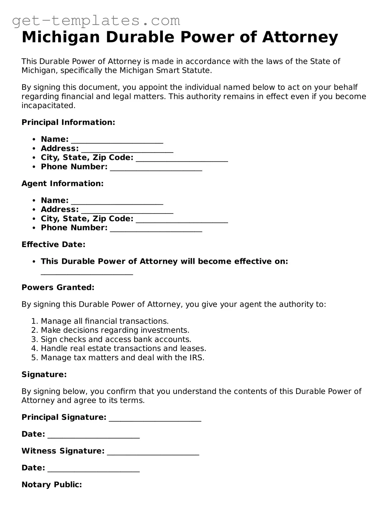 Attorney-Approved  Durable Power of Attorney Document for Michigan
