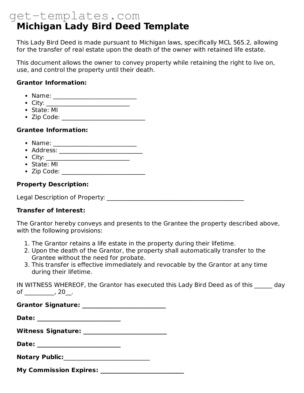 Attorney-Approved  Lady Bird Deed Document for Michigan