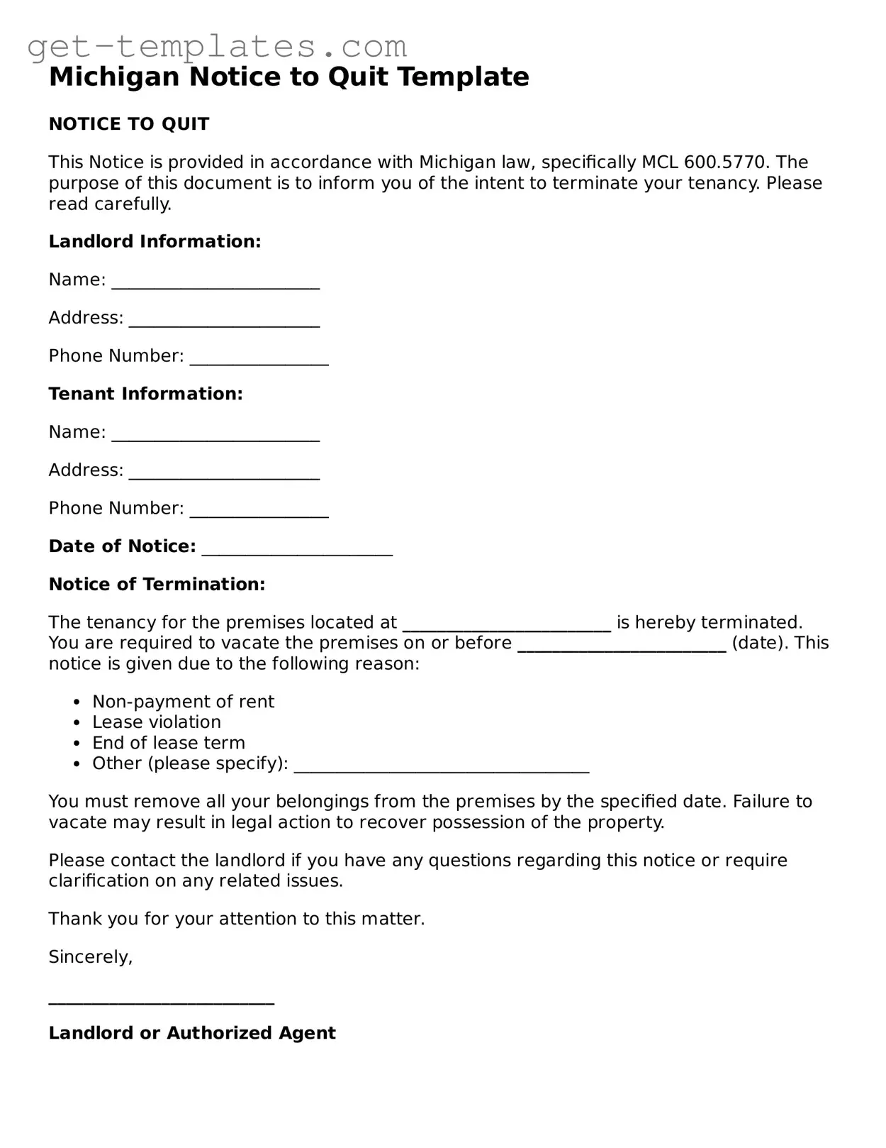 Attorney-Approved  Notice to Quit Document for Michigan